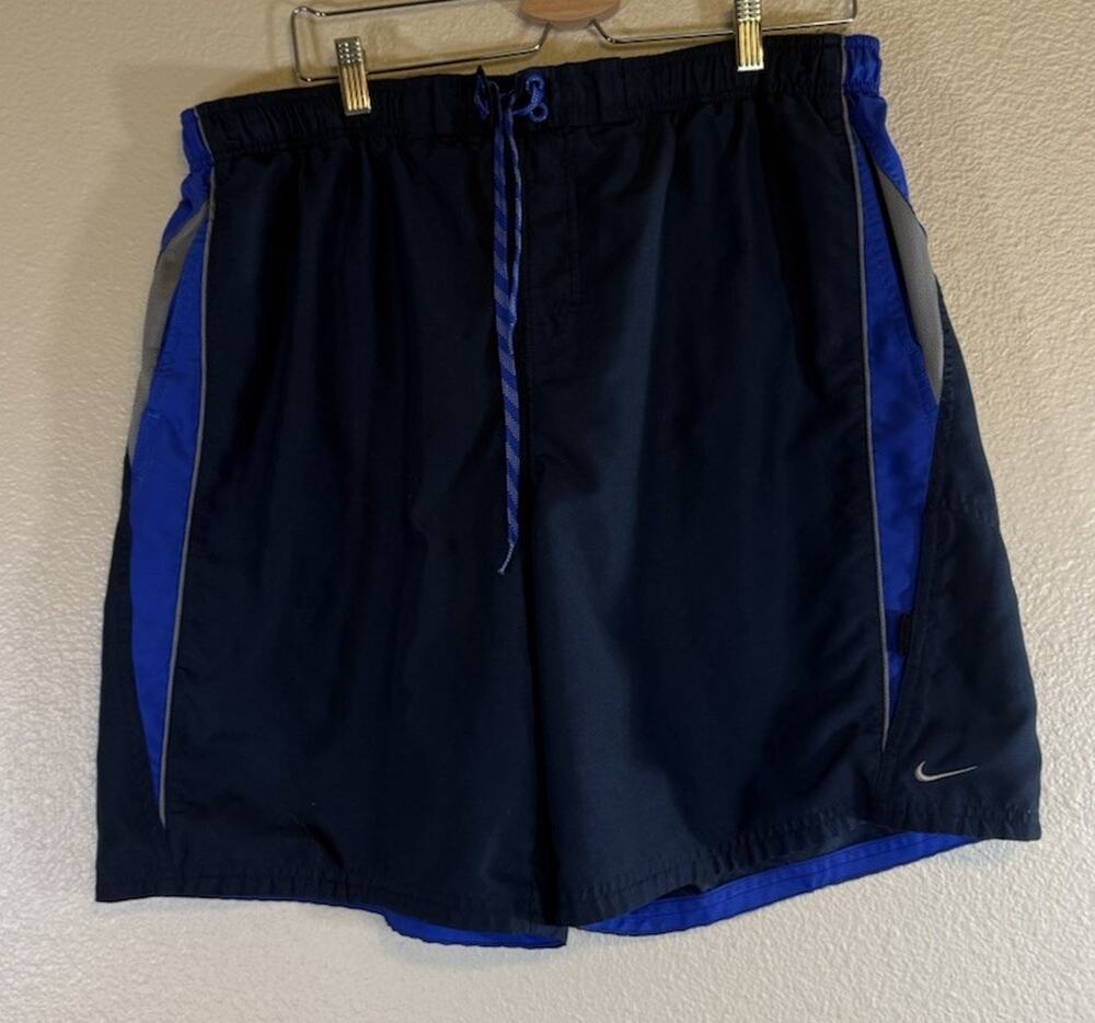 Nike Swim Trunks Mens XL Black Blue Lined Shorts Swoosh Mesh Liner